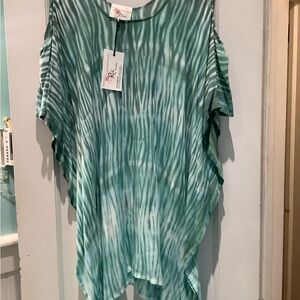 TS Rue Green and White Tie-Dye Cold-Shoulder Tunic